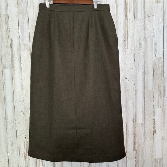 Vintage 100 Wool Midi Skirt Size 16 Olive Green Quiet Luxury Academia Preppy EUC - Picture 1 of 9